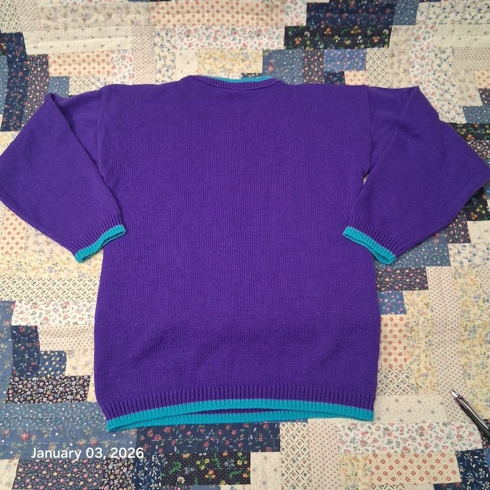 Vintage Flintstones Knit Sweater Teen Size Large 14 Purple Fred Wilma Pebbles